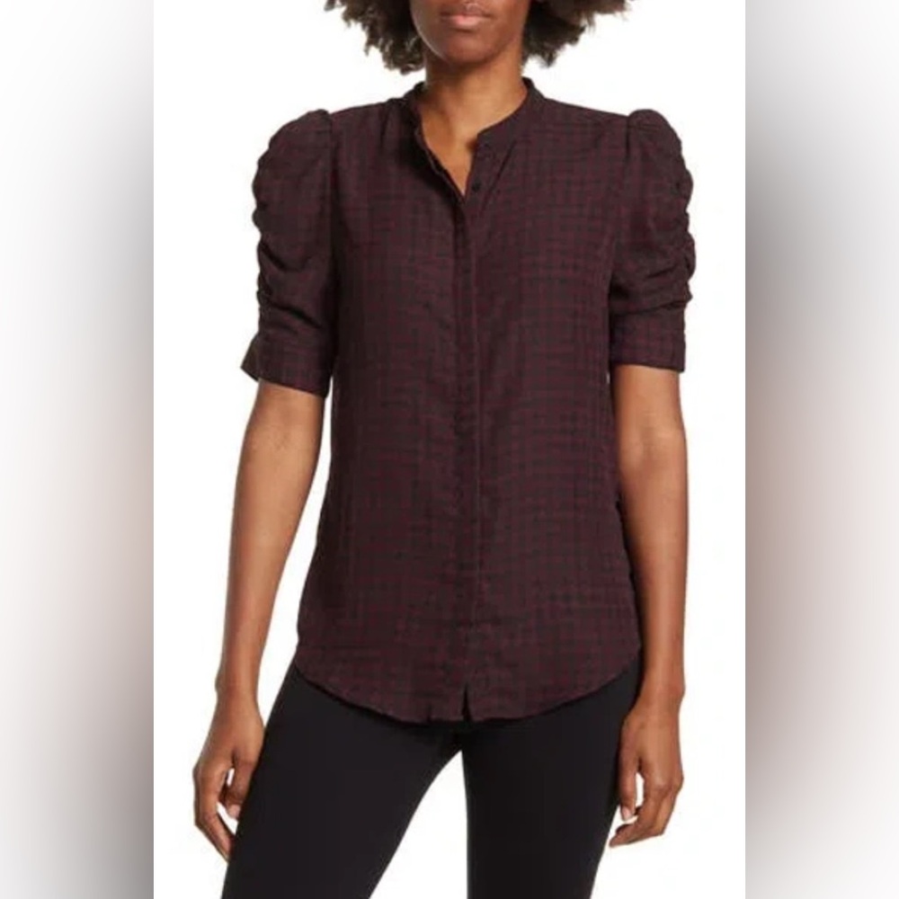 LAUNDRY By Shelli Segal Black, Burgundy Houndstooth Button Down Blouse XS/TP *